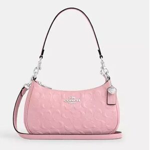 🩷Coach NWT Pink Teri Shoulder Bag/Signature Leather/Heart Charm/Silver Hardware